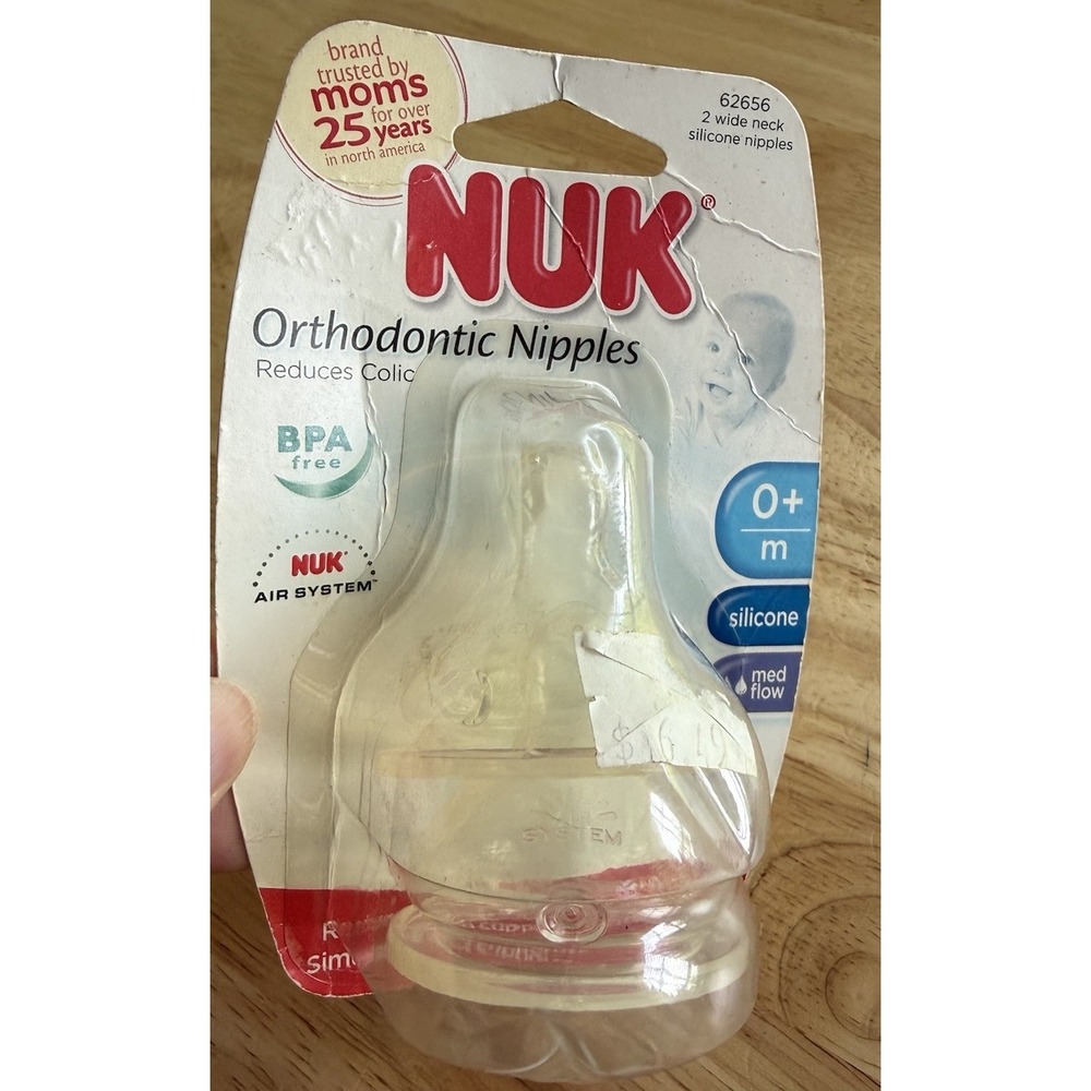 NUK 2pk Orthodontic Wide-Neck Silicone Nipples Sz.1 0m+ Medium Flow 62656 (2010)